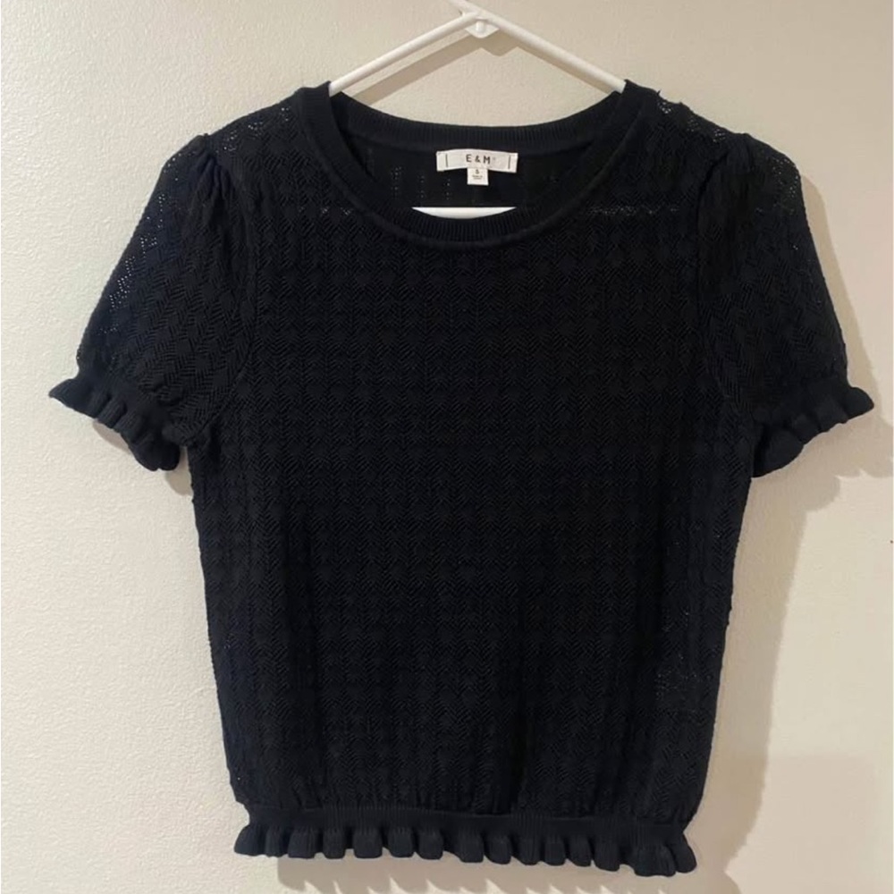 Chic Black Textured Short Sleeve Top by C&M